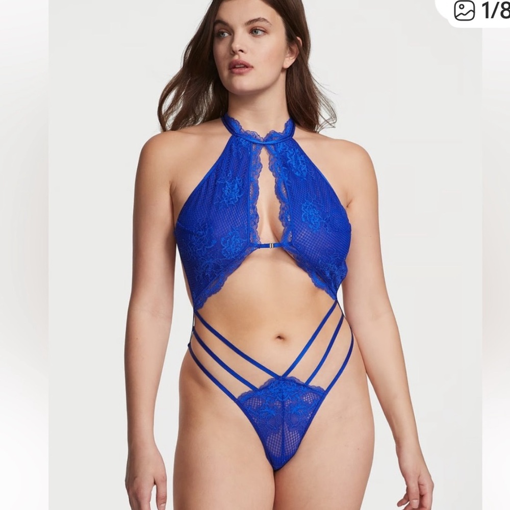 L VS VERY SEXY Fishnet Floral High-Neck Teddy Royal Blue NWT